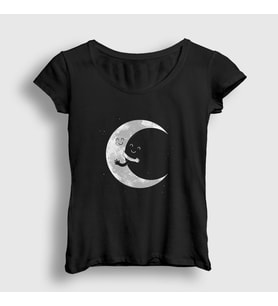 Presmono Kadın Siyah Hugging Moon Space Uzay T-Shirt 282549tt
