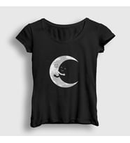 Presmono Kadın Siyah Hugging Moon Space Uzay T-Shirt 282549tt