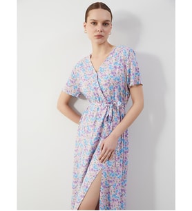 LCW Comfort Pembe Kruvaze Yaka Çiçekli Elbise