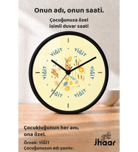 İsme Özel Tavşan ve Havuç Figürlü Çocuk Odası Duvar Saati Orta Boy 30 cm Siyah Camlı Sessiz