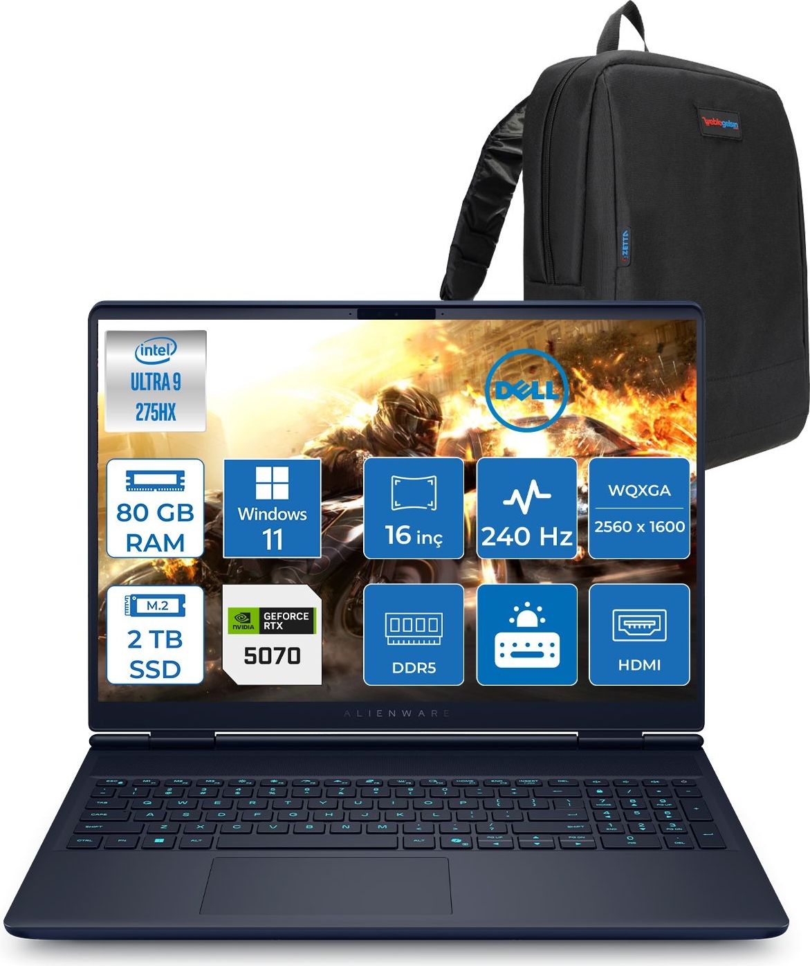 Dell Alienware 16X Aurora Intel Core Ultra 9 275HX 80GB Ddr5 2tb SSD Windows 11 Home 8gb RTX5070 16 Inç 2K(2560×1600) Wqxga 240Hz 3ms Wva Taşınabilir Bilgisayar AC16251CU932157WH46 + Zetta Çanta