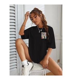 Bisiklet Yaka Baskılı T-shirt - Siyah