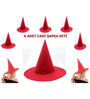 Kırmızı Renk Keçe Cadı Şapkası Yetişkin Çocuk Uyumlu 6 Adet