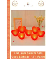 #LedIşık Kırmızı Kalp Formlu LED Pilli Romantik Dekoratif Aydınlatma Gece Lambası 12'li Paket
