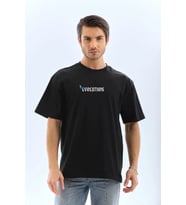 pilelistore- Unisex Bisiklet Yaka Baskılı Oversize T-Shirt - Siyah