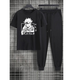 Unisex Hoodie Baskılı 2'li Eşofman Takımı (Siyah)