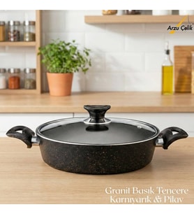 ARZU ÇELİK 26 Cm Granit Karnıyarık & Pilav Tenceresi Cam Kapak - Siyah