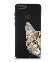 Huawei P Smart Uyumlu Lansman Kılıf Catface Tasarımlı İçi Kadife Kapak-Siyah (Şeffaf)