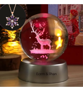 Kişiye Özel Geyik Işıklı Cam Küre 8cm*6cm Lotus Melek Kolye Hediyeli