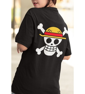 Anime One Piece Hasır Şapka Korsanları Ön - Arka Baskılı Tişört (Siyah)