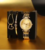 Kalpli Kolye & Taşlı Gold Bileklik & Kişiye Spectrum Metal Kordon Kadın Kol Saati Hediye Seti
