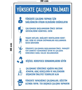 Metal Yüksekte Çalışma Talimatı 30 cm x 40 cm A3 Büyüklüğünde Uyarı Levhası Yönlendirme Tabelası