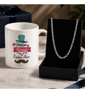 BK Gift Kişiye Özel Babalar Günü Tasarımlı Beyaz Kupa & Figaro Zincir Kolye -13, Babalar Günü Hediyesi