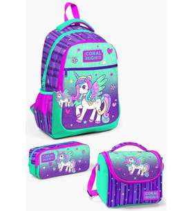 Coral High Kids Mor Su Yeşili Unicorn Desenli 3’lü Okul Çanta Seti - Kız Çocuk