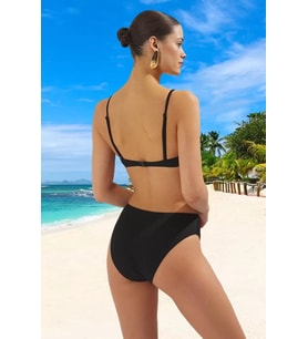 Kadın Bikini Takımı Düğümlü Bralette Kaplı Balensiz Yüksek Bel Slip Alt Örme Dokulu Kumaş Regular