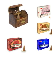 Hem 4 paket karışık konik tütsü ve ahşap kapaklı tütsülük