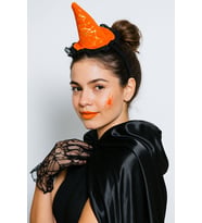Halloween Cadılar Bayramı Taç Mini Cadı Şapkası Şeklinde Tüllü Turuncu-Siyah Varaklı Örümcek Ağı Desenli