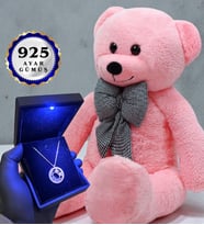 Büyük Boy Pembe Peluş Ayıcık ve Gerçek 925 Ayar Gümüş Kolye Seti (Model 2)