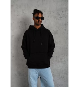 Erkek Düz Kapüşonlu Sweat - Siyah