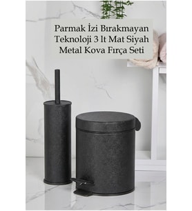 Mat Siyah Parmak İzi Bırakmayan 3 Lt Metal Çöp Kovası ve Tuvalet Fırça Seti