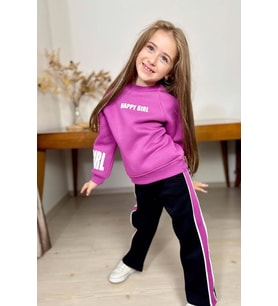 Kız Çocuk Kollarında ve Göğsünde Girl Yazı Detaylı Mor Sweat Şerit Detaylı Eşofm
