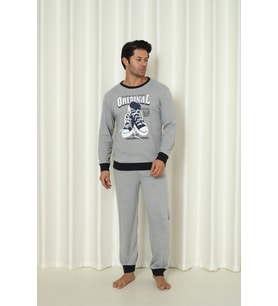 Falkom 5011 İnterlok Kalın Kışlık  Baskılı Erkek Ev Pijama Takımı (Gri)