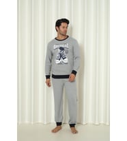 Falkom 5011 İnterlok Kalın Kışlık  Baskılı Erkek Ev Pijama Takımı (Gri)