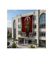 Elinde Bastonu İle Üniformalı Mustafa Kemal Atatürk Poster Bayrak Raşel Kumaş 6x9 metre ATA62