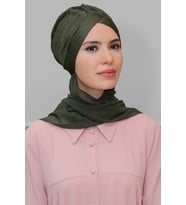 Haki Pratik Hazır Geçmeli Tesettür Bone Fukuro Piliseli Tek Çapraz Büzgülü Şifon Atkılı 1824A_09