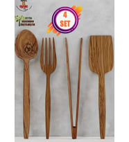 Tahta Kaşık Yemek Kaşığı Ahşap Servis Seti 4'lü Set Zeytin Ağacı Mutfak Gereçleri Yemek Takımı