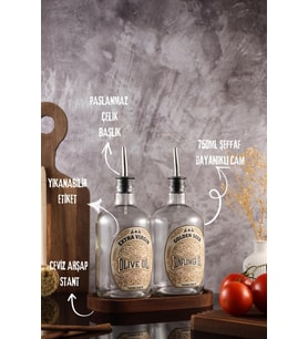 750ML Ahşap Standlı Cam Zeytinyağı ve Ayçiçek Yağı Seti