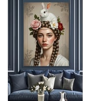 Tavşanlı Çiçekli Kadın Portresi Dekoratif Kanvas - Mdf Ahşap Tablo