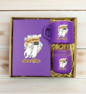 BK Gift Kişiye Özel İsimli DTF Best Friend Temalı Mor Defter & Kahve Fincanı & Mum Hediye Seti-4, Arkadaşa Hediye, Doğum Günü Hediyesi
