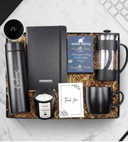 Kişiye Özel 500 ML Siyah Renk Dereceli Termos & Siyah Defter & Siyah French Press & Siyah Mat Kupa & Alerya Premium Filtre Kahve & Vanilya Kokulu Trendmiya Bardak Mum Hediye Seti