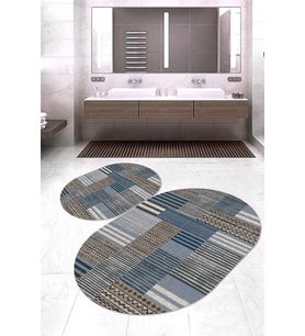 Dijital Baskılı Kaymaz Taban Yıkanabilir Oval 2'li Klozet Takımı Banyo Paspası NOKZ-HT-177 (Mavi)