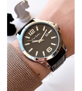 800411F08SY Pierre Cardin Deri Kordon Erkek Kol Saati 30 Mt Su Gecirmez + Kaplan Gözü Bileklik  (Siyah)