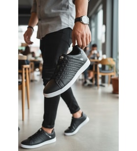 Enoch Erkek Spor ve Günlük Ayakkabı Düz Taban Tam Ortopedik Tabanlı Siyah Deri Görünümlü Şık Sneaker
