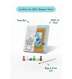 Pencere ve Kuş Temalı Çocuk Boyama Tuvali – Şövalesiz Eğitici Boyama Seti 20x20 cm