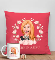 BK Gift Kişiye Özel Karikatürlü Anneler Günü Tasarımlı Kırmızı Kırlent Yastık ve Kupa Seti, Anneye Hediye, Ev Dekorasyonu, Anneler Günü Hediyesi-3