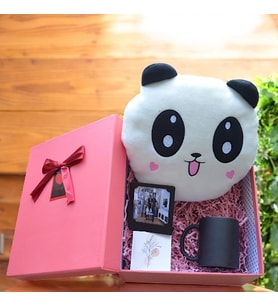 Kişiye Özel Resimli Sihirli Bardak, Peluş Panda Ayıcık ve Fotoğraflı Çerçeve Seti