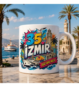 İzmir Temalı Hediyelik Kupa Bardak - 35 Plaka Ege'nin İncisi Pop-Art Çizgi Roman Baskılı Özel Tasarım Kupa