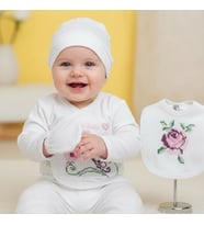 MİLAYS yenidoğan kız bebek 5 li hastane çıkışı önlüklü gül kanaviçe zıbın takımı %100 pamuk (A.Pembe)