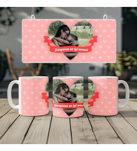 Kişiye Özel Kalpli Fotoğraf Baskılı Anne Aile Kupası, Kişiye Özel Hediye Fikirleri, 330ml, Beyaz (Doğal Beyaz)
