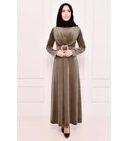 Moda Merve Kemerli Kadife Elbise Mürdüm ASM2417 (Vizon)