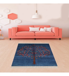 Ağaç Desenli Dijital Baskı Yıkanabilir Kaymaz Taban Etnik Kilim Desen Salon Halısı ve Yolluk (Mavi)
