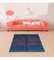 Ağaç Desenli Dijital Baskı Yıkanabilir Kaymaz Taban Etnik Kilim Desen Salon Halısı ve Yolluk (Mavi)
