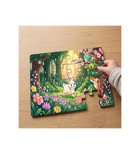 Çiçekli Ormanda Mutlu Tavşan ve Hayvanlar Tasarımlı 24 Parça Ahşap Çocuk Puzzle