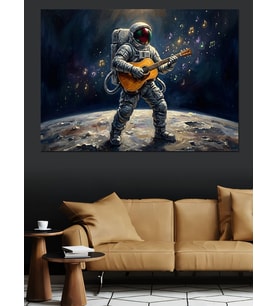 Uzayda Gitar Çalan Astronot Tablosu Dekoratif Kanvas - Mdf Ahşap Tablo