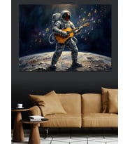 Uzayda Gitar Çalan Astronot Tablosu Dekoratif Kanvas - Mdf Ahşap Tablo