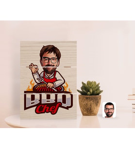 BK Gift Kişiye Özel Erkek Barbekü Chef Karikatürlü Otantik Masaüstü Ahşap Palet Çerçeve-1 (Beyaz)